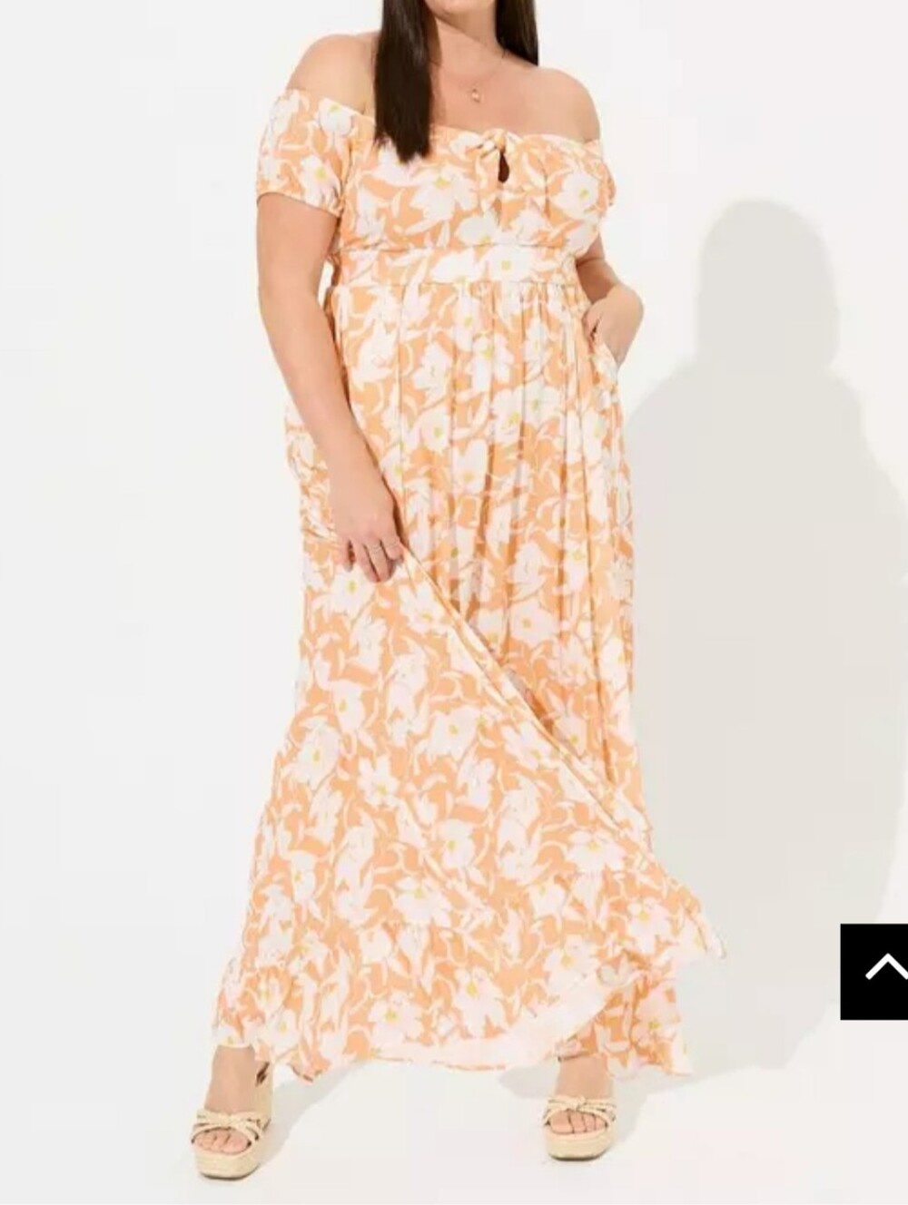 Torrid Maxi Dress Size 0 Gause Off Shoulder Tie Front Peach/White Floral